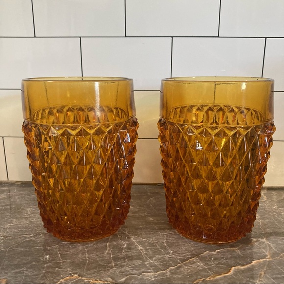 Vintage Amber Point Diamond Glasses Set of 2 - Picture 1 of 1